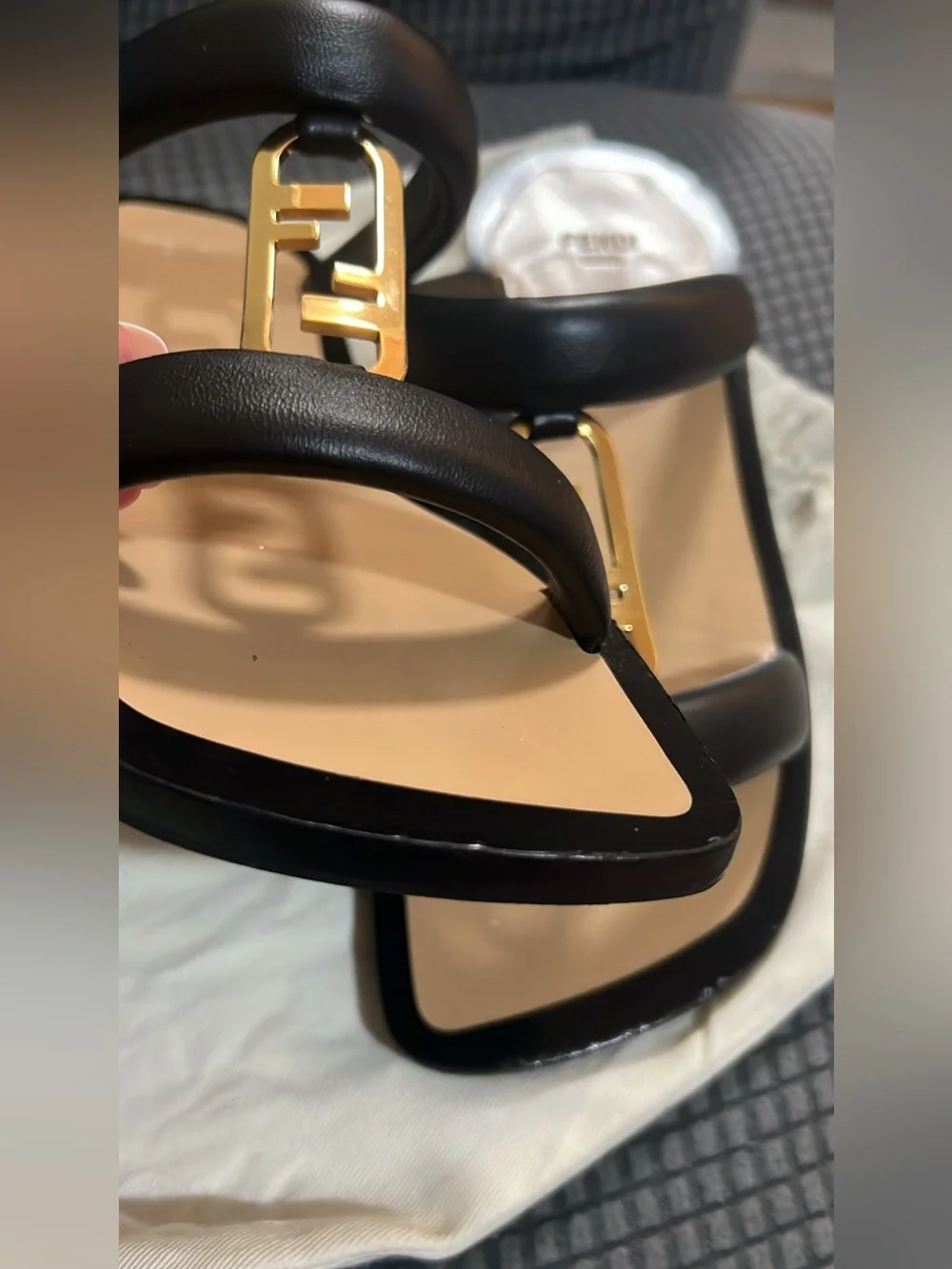 Fendi Black Leather Sandals with Gold Logo Accent